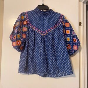Blue Aztec Embroidered Print Balloon Sleeve Blouse